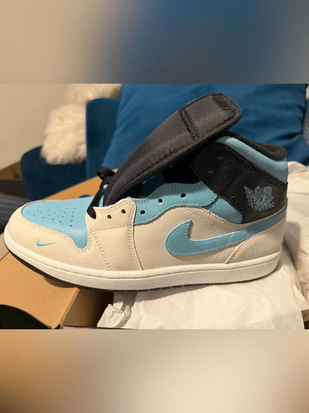 Jordan Kids High-Top Sneakers in White, Light Blue and Black